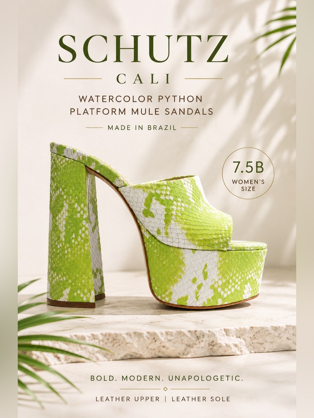Schutz Cali Bright Green Watercolor Python Print Platform Mule Sandals 7.5B